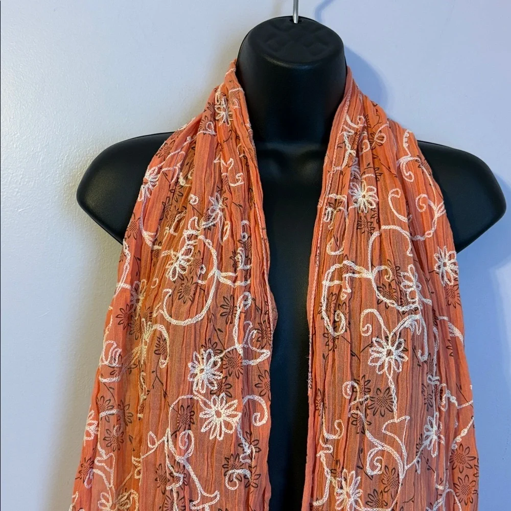 Tickled Pink Orange cream Mesh Crochet Embroidered Floral Scarf Fringe Cotton